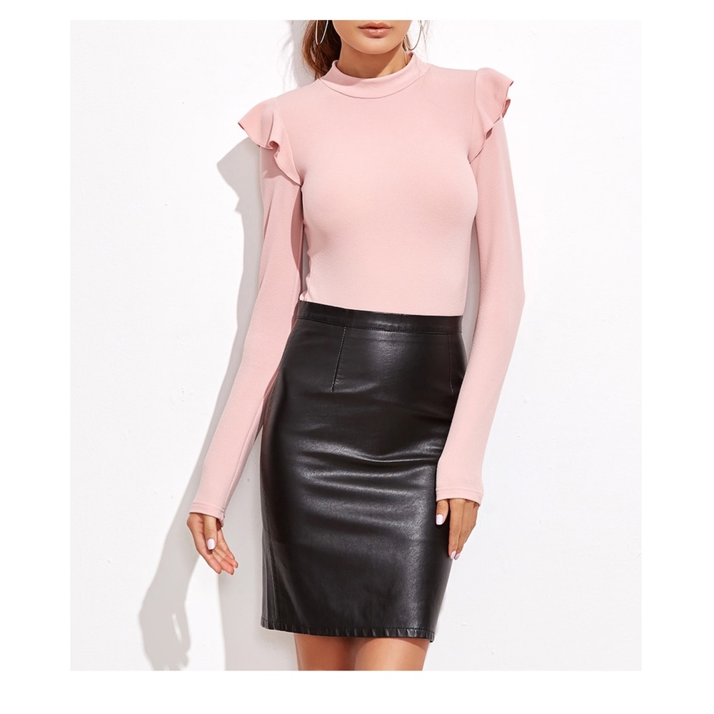 Blush Pink Mock Neck Long Sleeve Ruffle Bodysuit - Picture 6 of 7